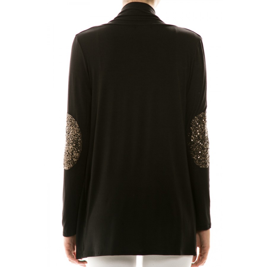 Sequin elbow patch open cardigan-Black